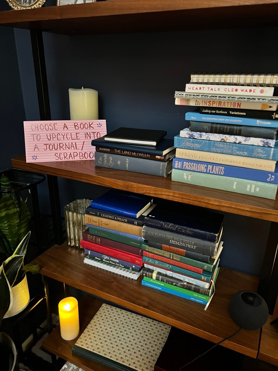A shelf of vintage books beside a handwritten sign reading: choose a book to upcycle into a journal or scrapbook